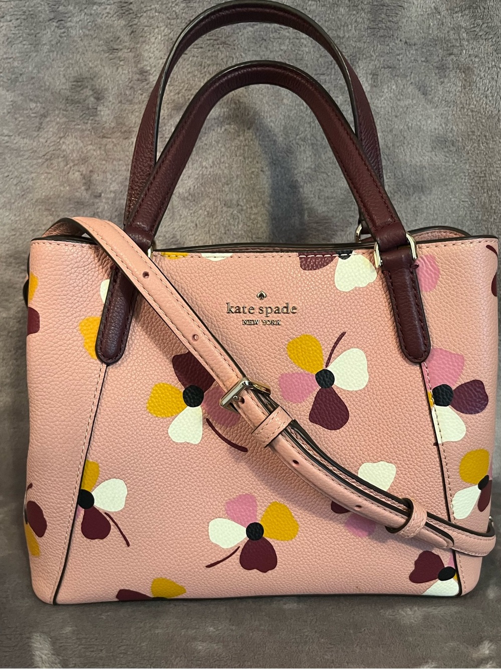 kate spade Pink Floral Leather Satchel with Burgundy Handles
